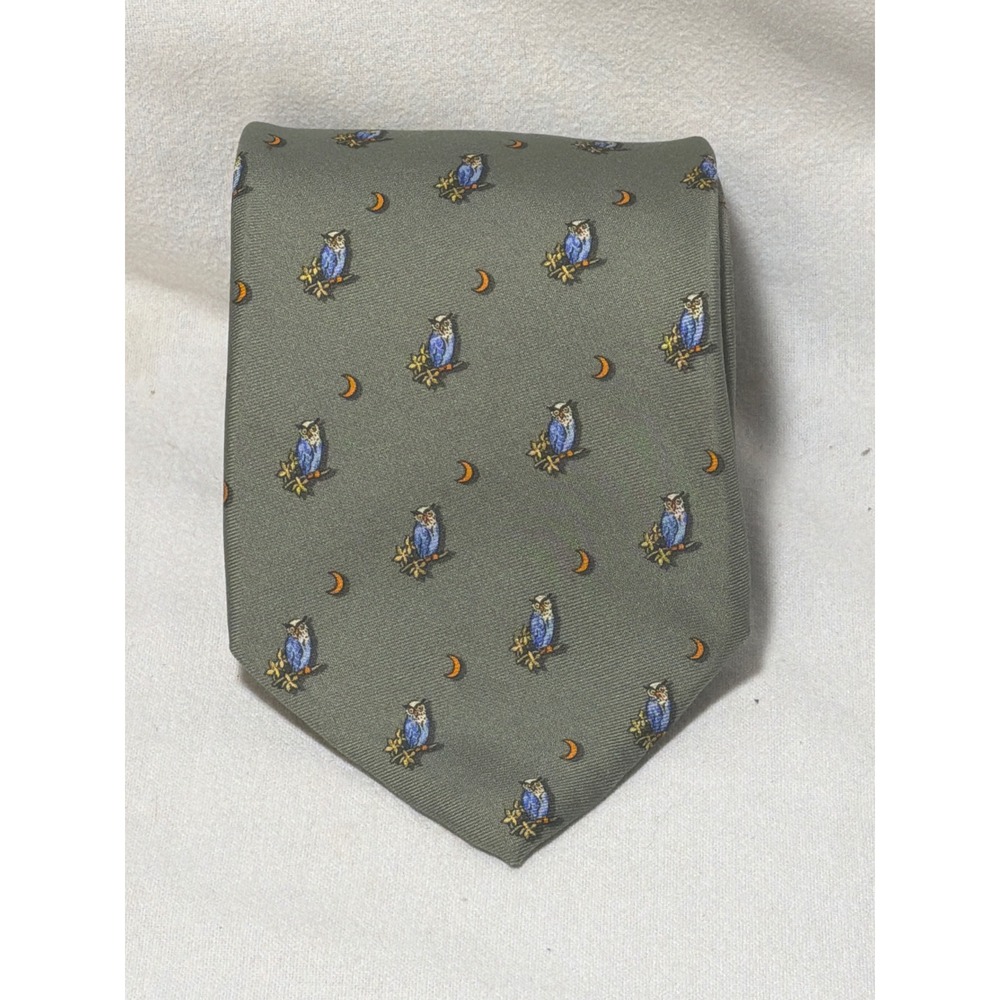 Brooks Brothers Makers Silk Tie Olive Green Blue Owl Crescent Moon Novelty USA